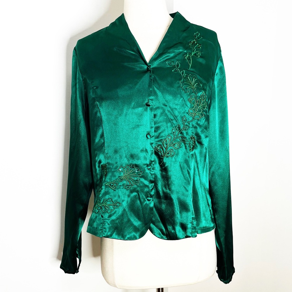 Covington Petite Emerald Green Satin Embroidered Beaded Blouse Large Petite